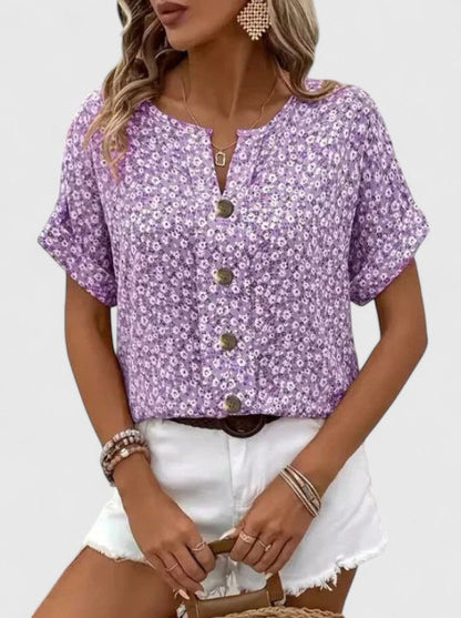Sabine | Ditsy Floral Notch Neck Button Front Short Sleeve Casual Top