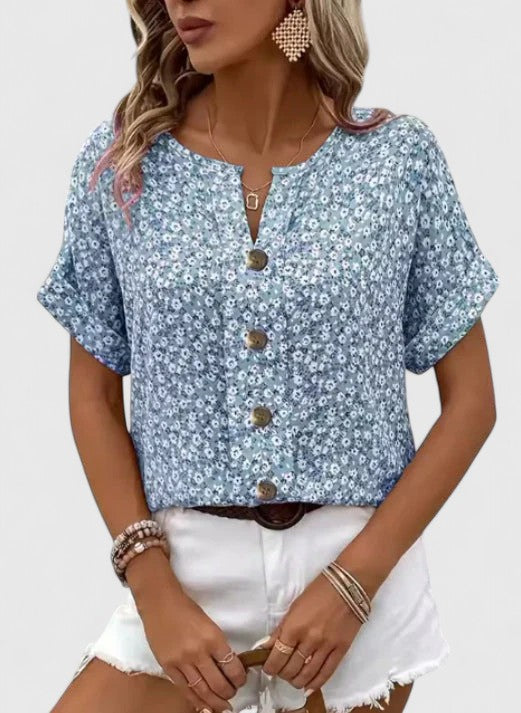 Sabine | Ditsy Floral Notch Neck Button Front Short Sleeve Casual Top