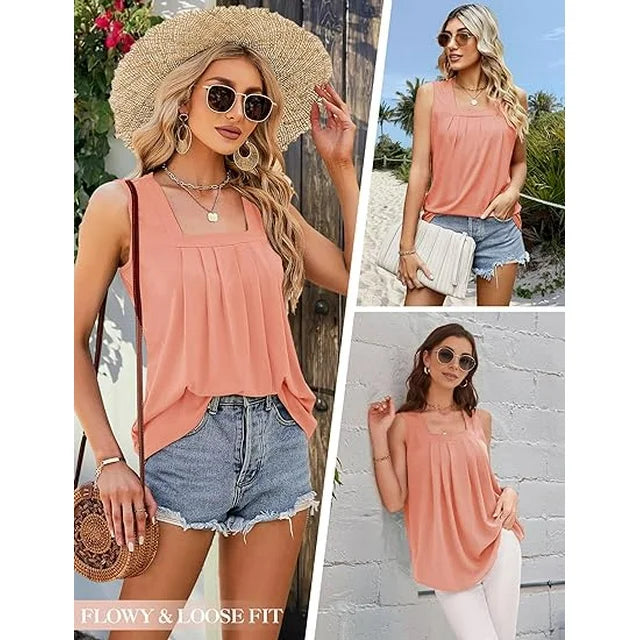 Nora | Square Neck Tank Tops Pleated Loose Fit Sleeveless