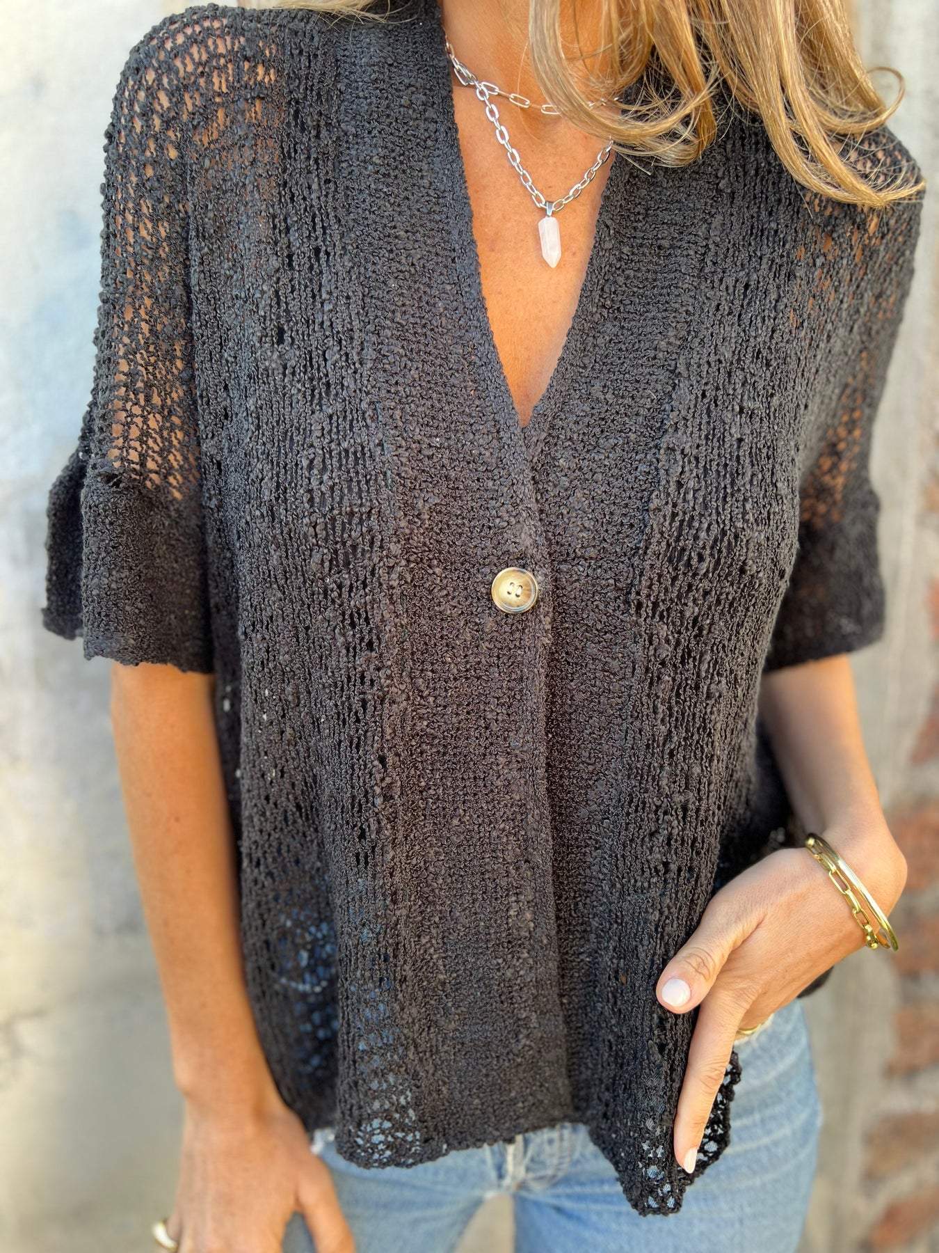 Barbara | Crochet Knit Cardigan Open Front Button Boho Tops