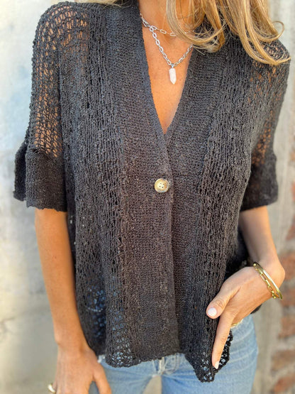 Barbara | Crochet Knit Cardigan Open Front Button Boho Tops