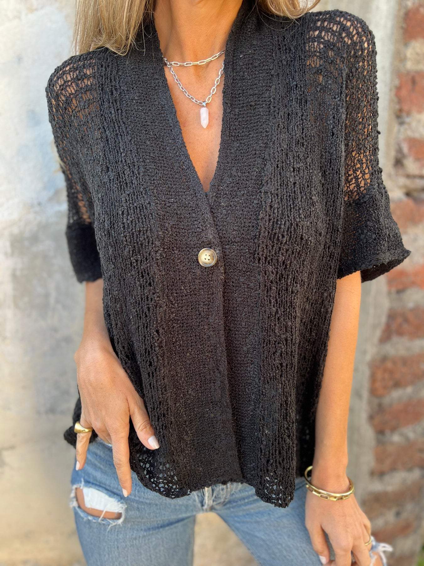Barbara | Crochet Knit Cardigan Open Front Button Boho Tops