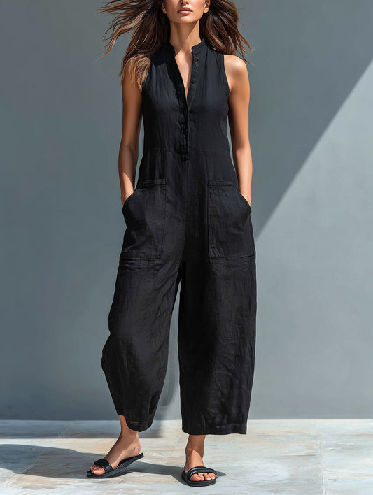 Chloe | Stand Collar Button Up Sleeveless Wide Leg Linen Blend Jumpsuit