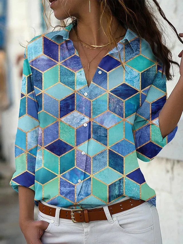 Keira | Geometric Cube Print V Neck Button Down Long Sleeve Blouse