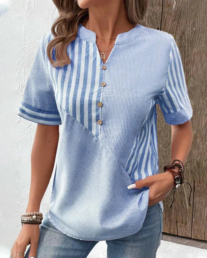 Monroe | Striped Colorblock Stand Collar Short Sleeve Casual Top