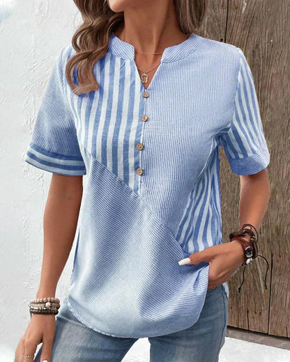 Monroe | Striped Colorblock Stand Collar Short Sleeve Casual Top