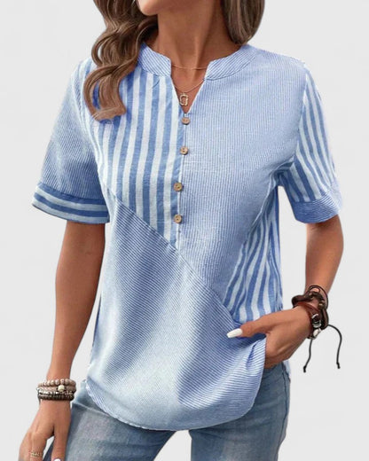 Gigi | Striped Colorblock Stand Collar Short Sleeve Casual Blouse