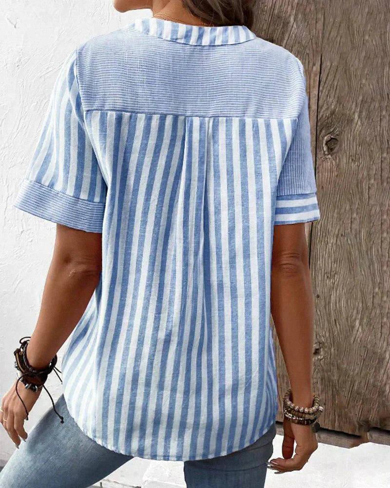 Monroe | Striped Colorblock Stand Collar Short Sleeve Casual Top