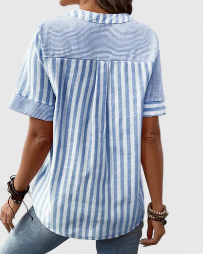 Gigi | Striped Colorblock Stand Collar Short Sleeve Casual Blouse