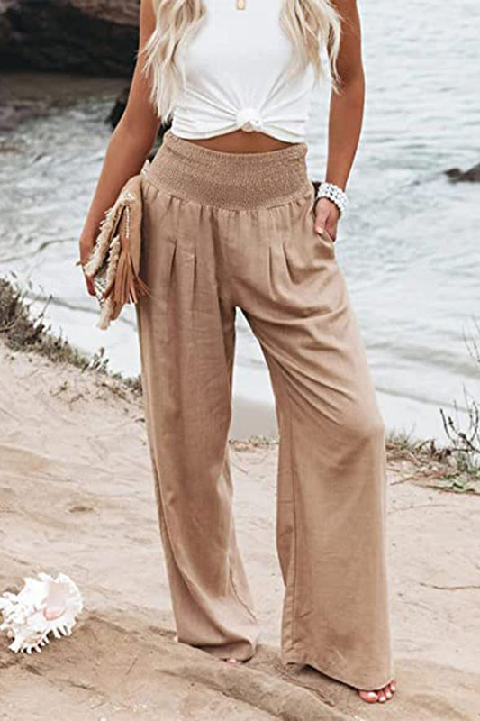Sophia | Smocked High Waist Wide Leg Pleated Linen Blend Pants