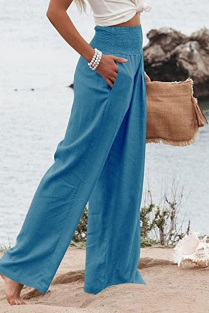 Sophia | Smocked High Waist Wide Leg Pleated Linen Blend Pants