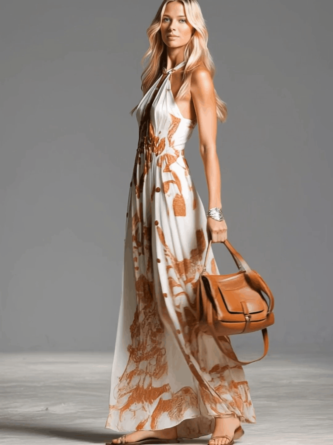 Marcella | Ring Halter Neck Abstract Print Button Front Side Slit Boho Maxi Dress