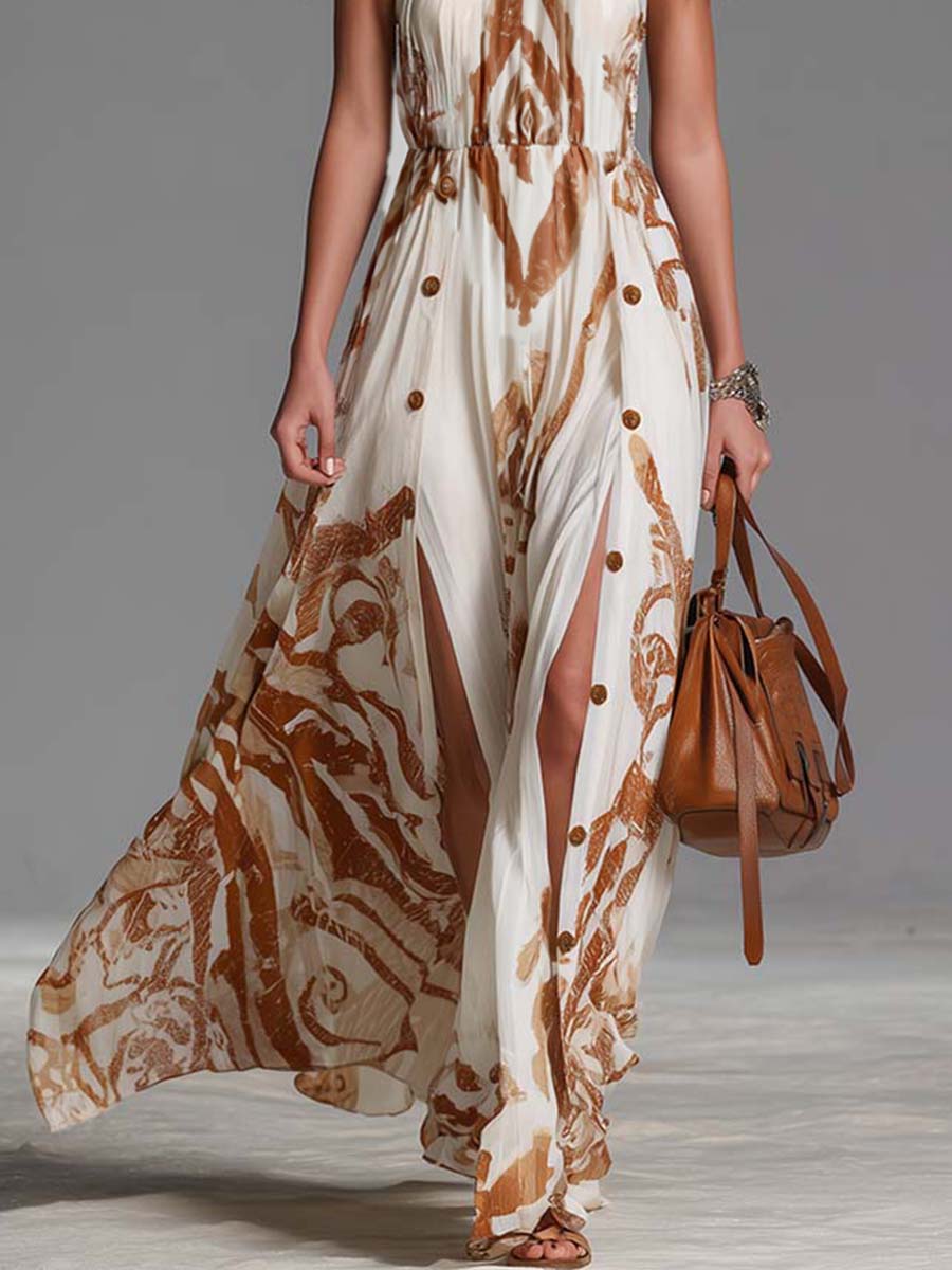Marcella | Ring Halter Neck Abstract Print Button Front Side Slit Boho Maxi Dress