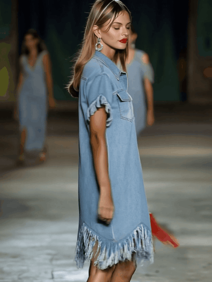 Marisol | Denim Shirt Collar Button Front Short Sleeve Raw Fringe Trim Mini Dress