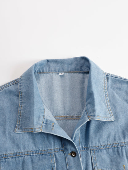 Marisol | Denim Shirt Collar Button Front Short Sleeve Raw Fringe Trim Mini Dress