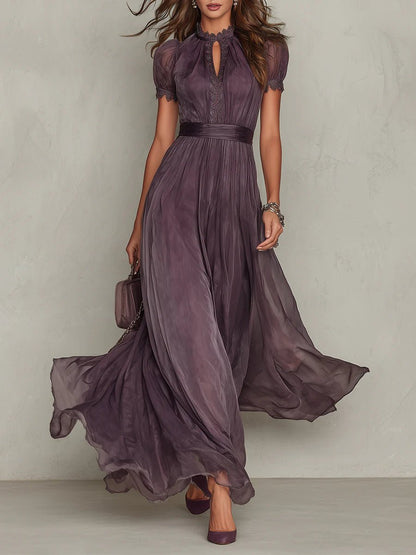 Scarlett | Pleated Chiffon Keyhole High Neck Puff Sleeve Elegant Maxi Dress