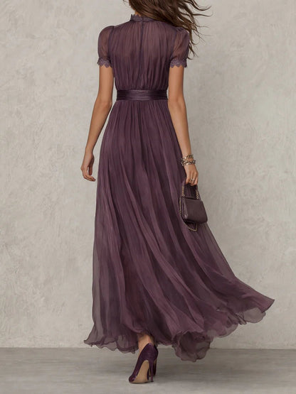Scarlett | Pleated Chiffon Keyhole High Neck Puff Sleeve Elegant Maxi Dress