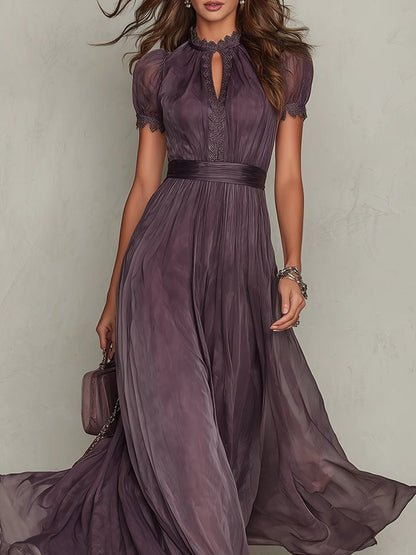 Scarlett | Pleated Chiffon Keyhole High Neck Puff Sleeve Elegant Maxi Dress