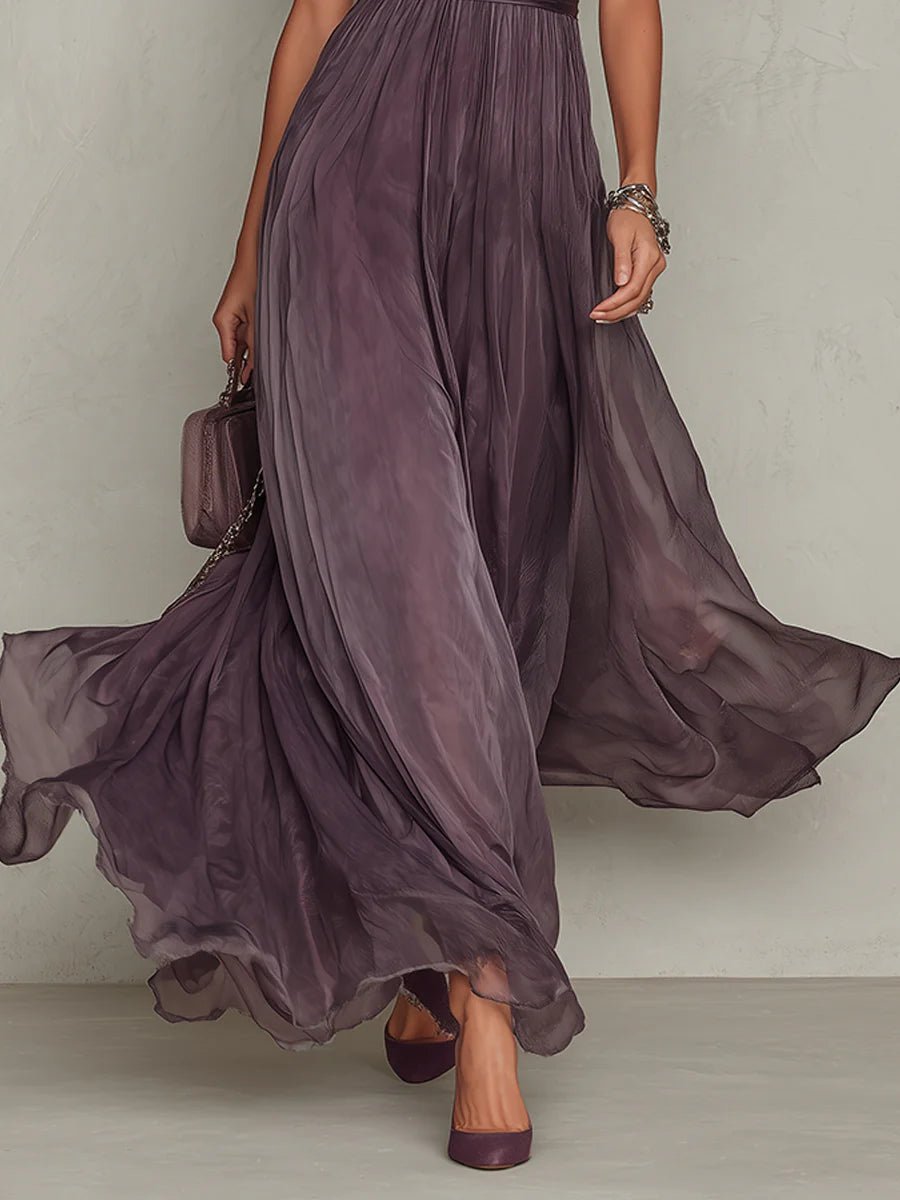 Scarlett | Pleated Chiffon Keyhole High Neck Puff Sleeve Elegant Maxi Dress