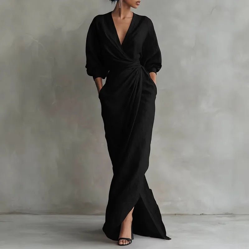 Isabella | Deep V Neck Twist Waist Long Sleeve Bodycon Maxi Dress