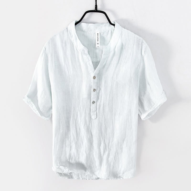 Rylan | Men's Linen Blend Shirt Half Button Stand Collar Short Sleeve