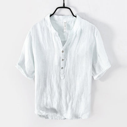 Rylan | Men's Linen Blend Shirt Half Button Stand Collar Short Sleeve