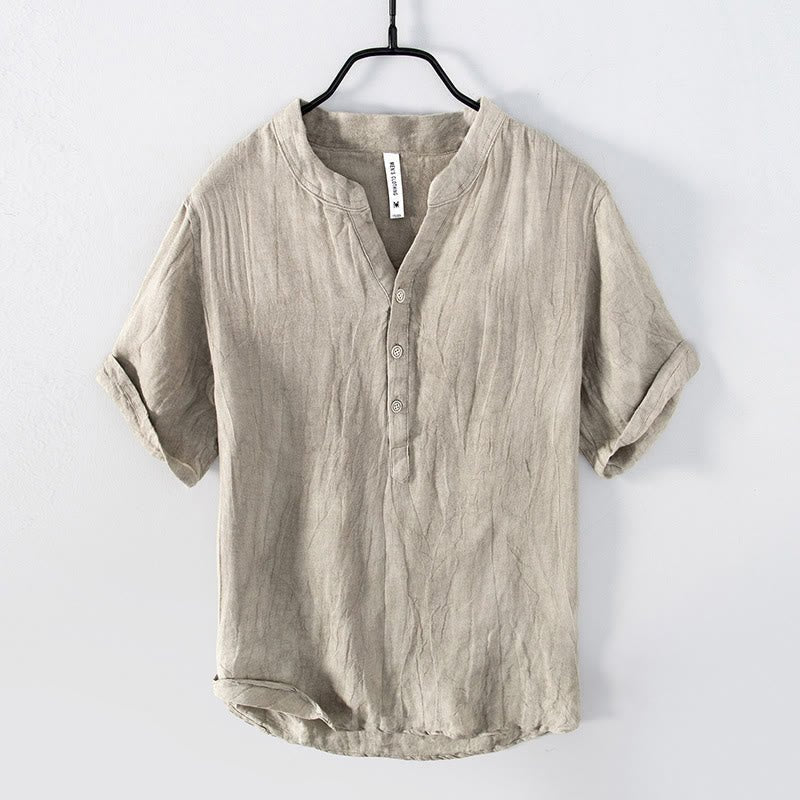 Rylan | Men's Linen Blend Shirt Half Button Stand Collar Short Sleeve