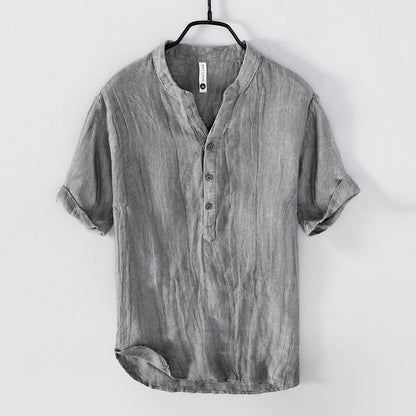 Rylan | Men's Linen Blend Shirt Half Button Stand Collar Short Sleeve