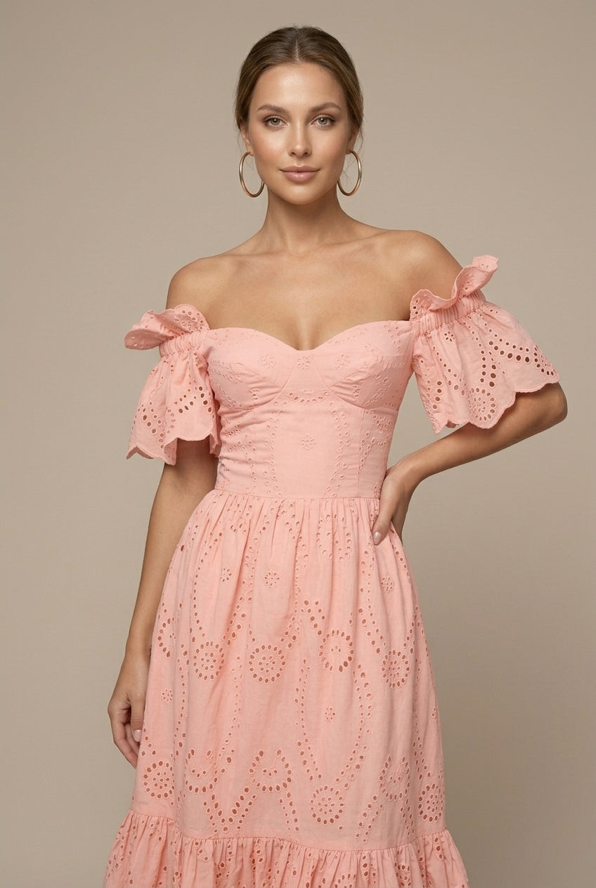 Lily | Eyelet Off Shoulder Ruffle Sleeve Midi Wedding Guest Dress