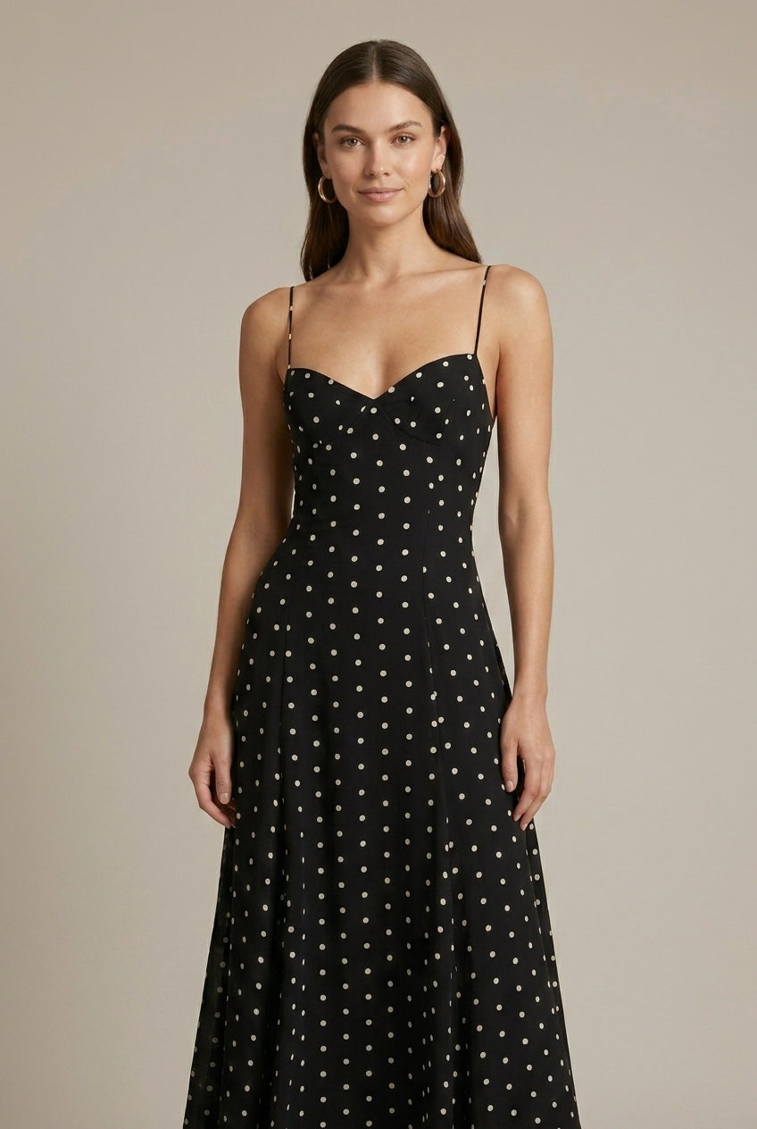 Noelle | Polka Dot Spaghetti Strap Sweetheart Maxi Wedding Guest Dress