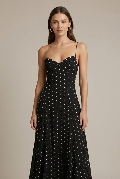 Noelle | Polka Dot Spaghetti Strap Sweetheart Maxi Wedding Guest Dress