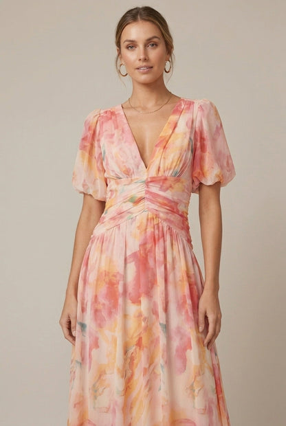 Ava | Floral Puff Sleeve Deep V Neck Ruched Waist Maxi Dress