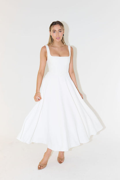 Penelope | Square Neck Sleeveless Pleated A Line Elegant Midi Dress
