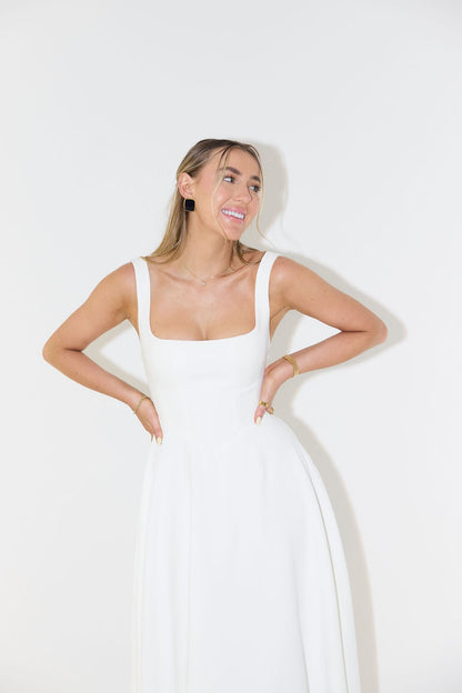 Penelope | Square Neck Sleeveless Pleated A Line Elegant Midi Dress