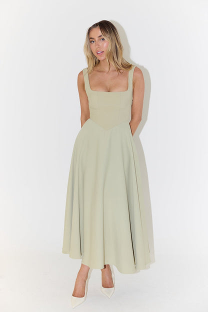 Penelope | Square Neck Sleeveless Pleated A Line Elegant Midi Dress