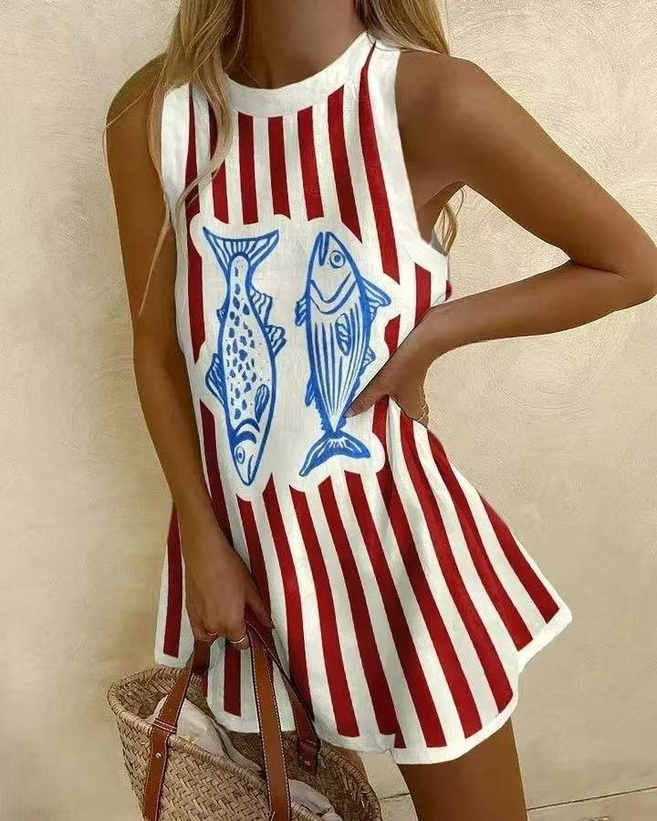 Madison | Striped Print Round Neck Sleeveless Casual Mini Dress