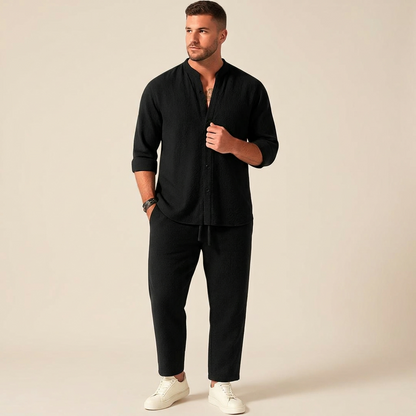 Marco | Band Collar Long Sleeve Shirt Linen Blend Two Piece Set