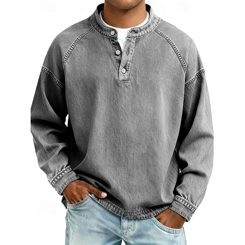 Callum | Men's Vintage Washed Stand Collar Raglan Sleeve Henley Shirt