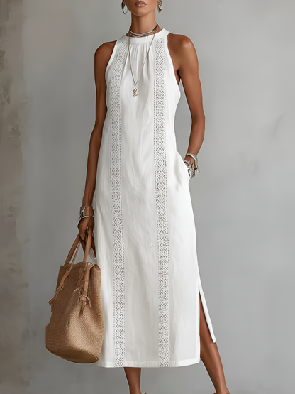 Octaviana | Halter Neck Sleeveless Lace Trim Panel Side Slit Casual Midi Dress