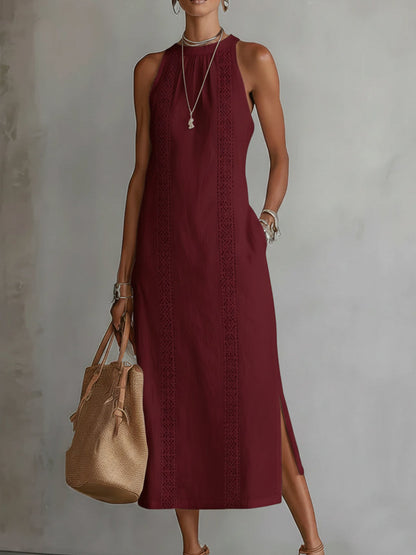 Octaviana | Halter Neck Sleeveless Lace Trim Panel Side Slit Casual Midi Dress