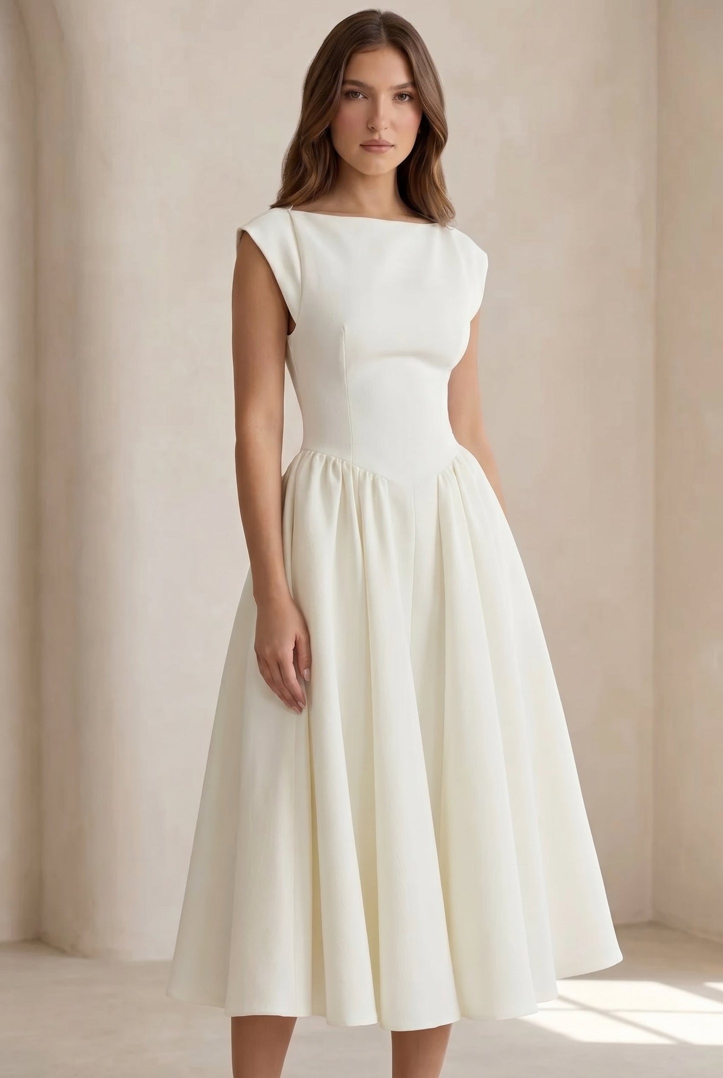Cirelle | Boat Neck Cap Sleeve Pleated A Line Elegant Midi Dress