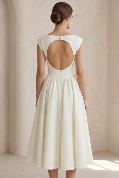 Cirelle | Boat Neck Cap Sleeve Pleated A Line Elegant Midi Dress