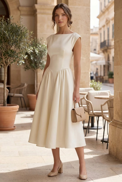 Cirelle | Boat Neck Cap Sleeve Pleated A Line Elegant Midi Dress