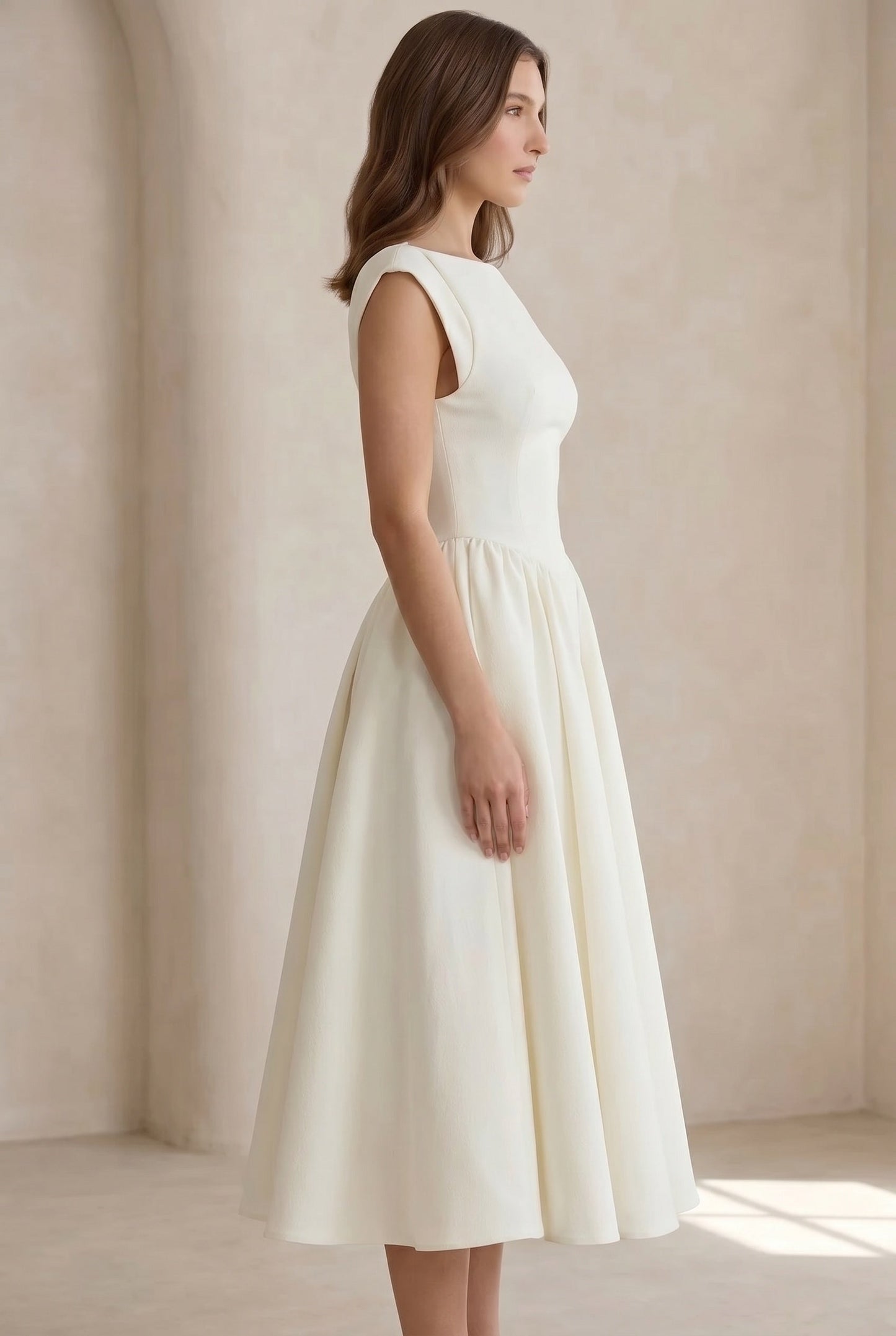 Cirelle | Boat Neck Cap Sleeve Pleated A Line Elegant Midi Dress