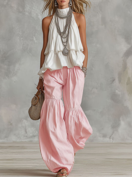 Ophira | Halter Neck Tiered Ruffle Top Ruched Wide Leg Two Piece Set