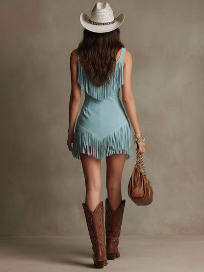 Paloma | Deep V Neck Zip Front Fringe Hem Sleeveless Mini Dress