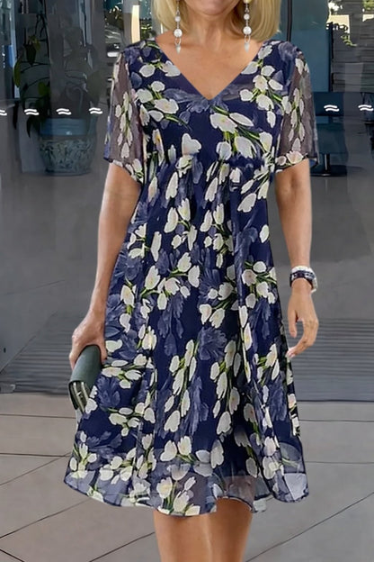 Olivia | Plus Size Floral V Neck Short Sleeve A-Line Midi Dress