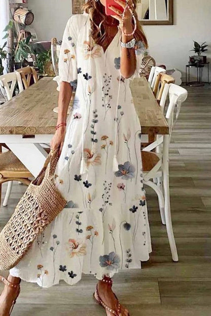 Florence | Geometric Print V Neck Long Sleeve Boho Maxi Summer Dress