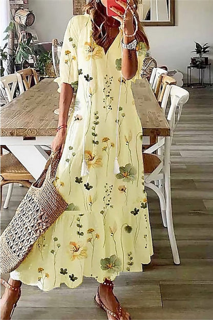 Florence | Geometric Print V Neck Long Sleeve Boho Maxi Summer Dress