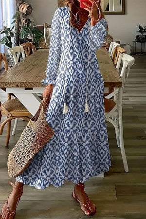 Florence | Geometric Print V Neck Long Sleeve Boho Maxi Summer Dress
